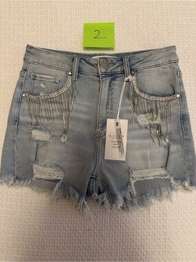 NWT Risen Jeans LA High-Waist Distressed Denim Shorts w/ Chain Fringe